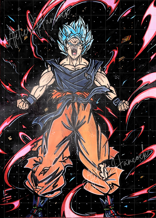 Poster artisanal de Sangoku en Super Saiyan Blue – Création 100% Made in France