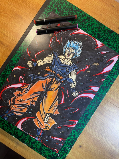 Poster artisanal de Sangoku en Super Saiyan Blue – Création 100% Made in France