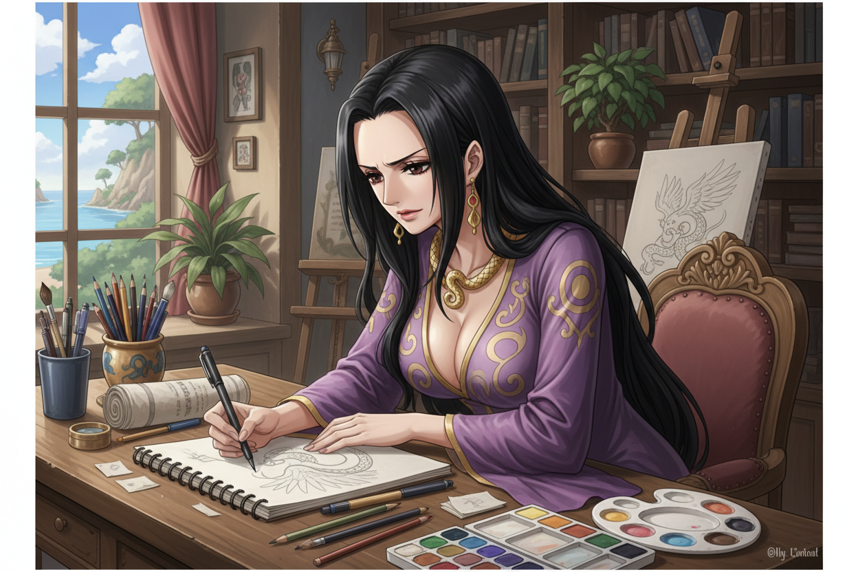 boa hancock qui dessine sur une feuille